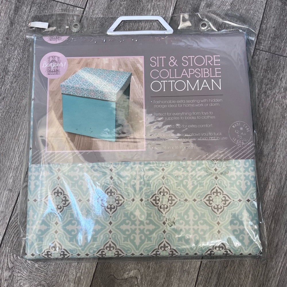 Bonjour Sit & Store Collapsible Ottoman - Aqua Pattern